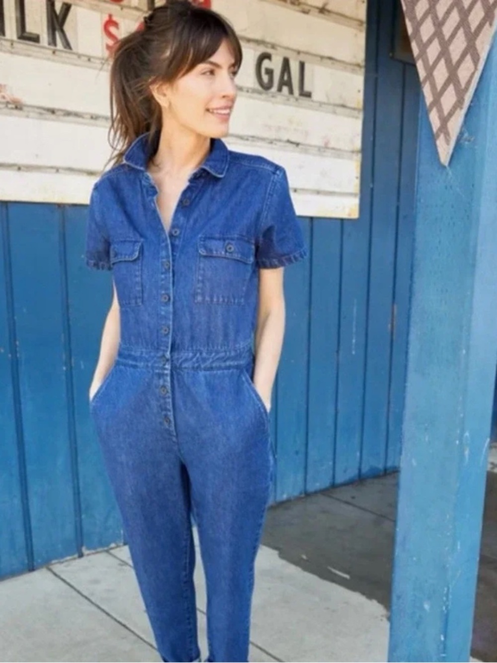 Outerknown S.E.A. Indigo Blue Denim Short Sleeve Jumpsuit Womens Size M NWT